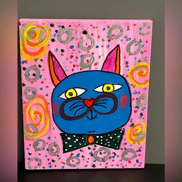 Cat Painting On Wood  Nursery Pink Pop Art  9 X 7.5 Whimsical‎ Swirls Dots Fun - Picture 1 of 15